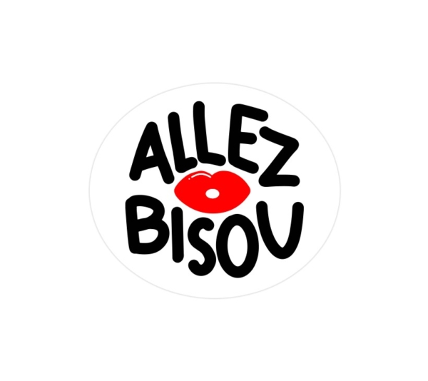 Sticker fun et coloré avec l’inscription "Allez Bisou", idéal pour personnaliser vos objets avec une touche d’humour et de douceur.